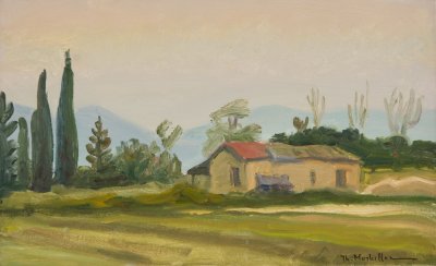 Nerantza Landscape with Little House at Dusk — Oil painting, Canvas, 25.00×40.00cm — Theodoros Markellos